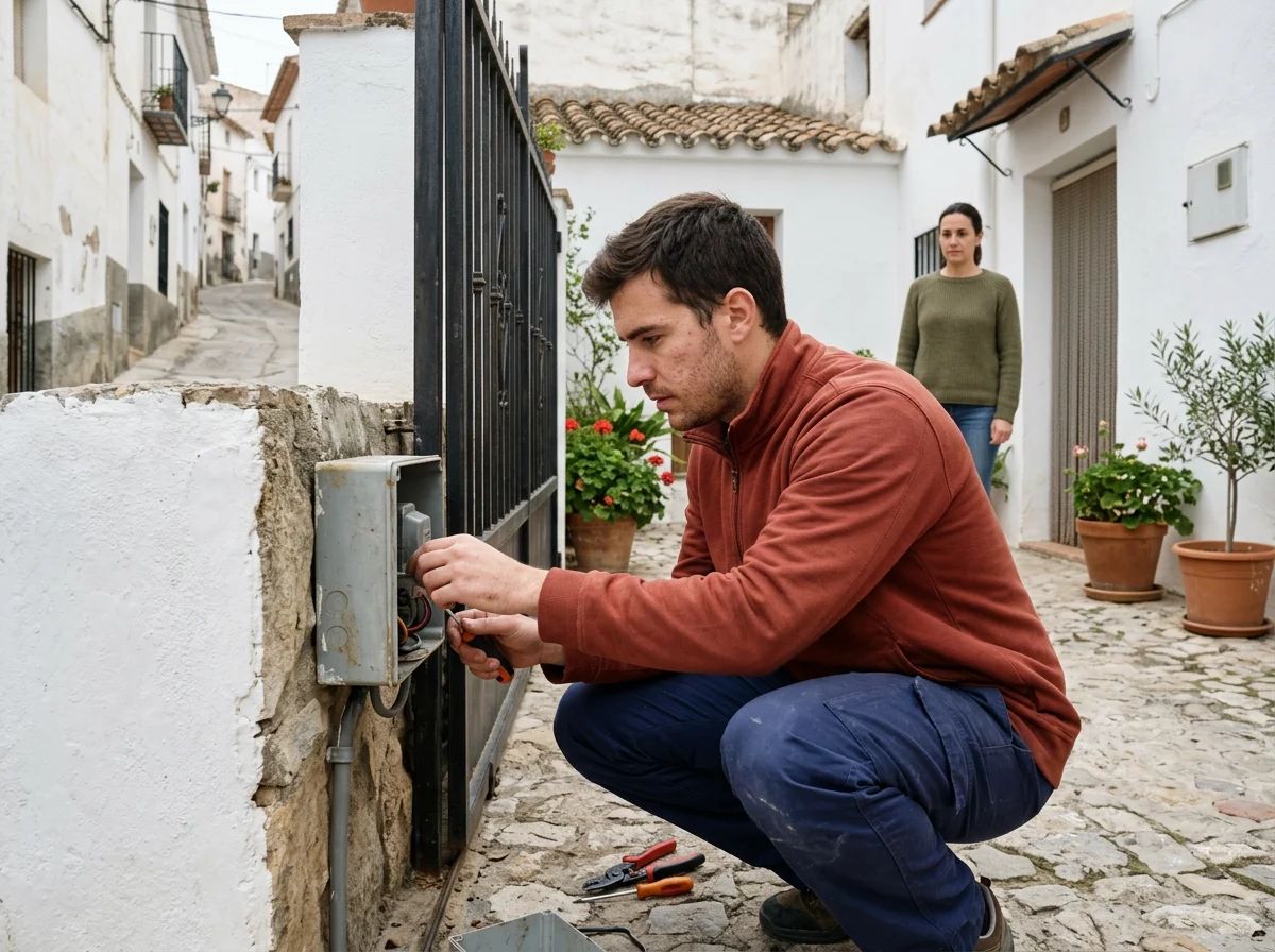 Automatismos de puertas en Benilloba: técnico ajustando una puerta peatonal automática