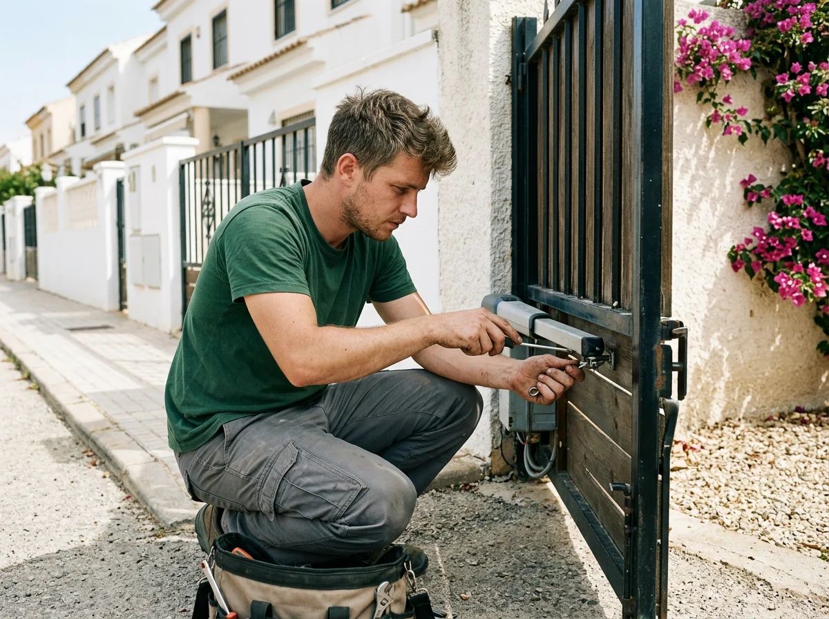 Automatismos de puertas en Pilar de la Horadada: técnico ajustando una puerta peatonal automática