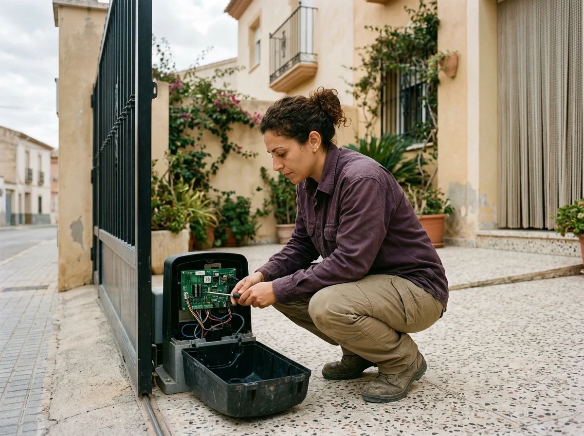 Automatismos de puertas en Sax: técnico revisando la placa de control de un automatismo
