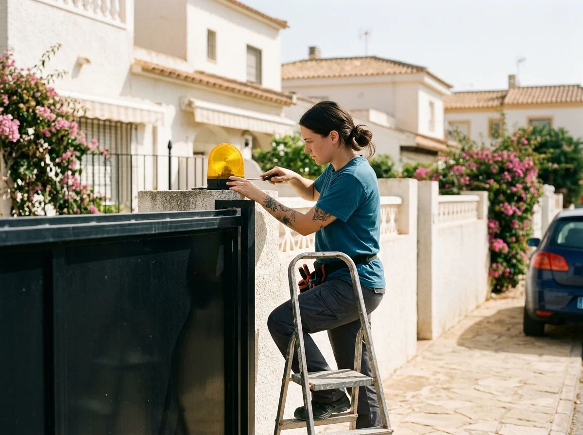 Automatismos de puertas en Benidorm: técnico instalando la luz de aviso de una puerta automática