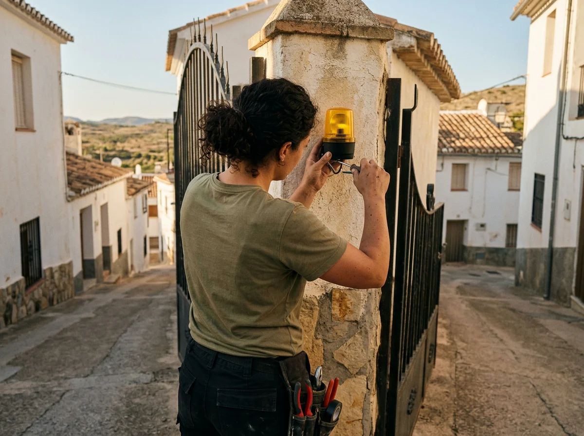 Automatismos de puertas en Castalla: técnico instalando la luz de aviso de una puerta automática