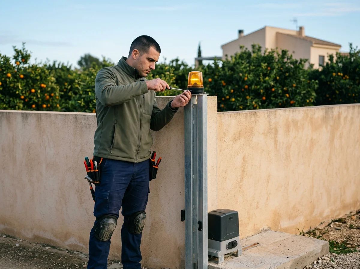 Automatismos de puertas en Benigembla: técnico instalando la luz de aviso de una puerta automática