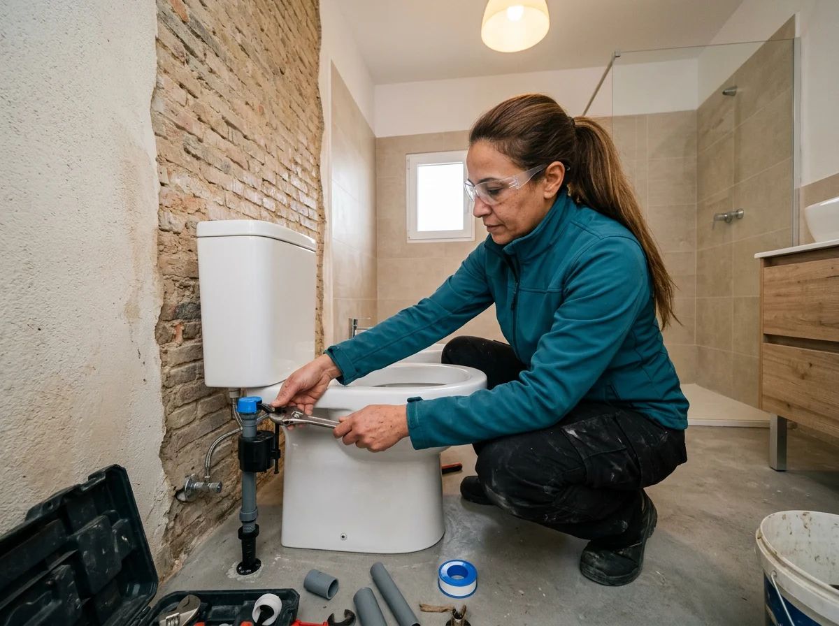 Fontaneros en Monforte del Cid: técnico instalando un inodoro