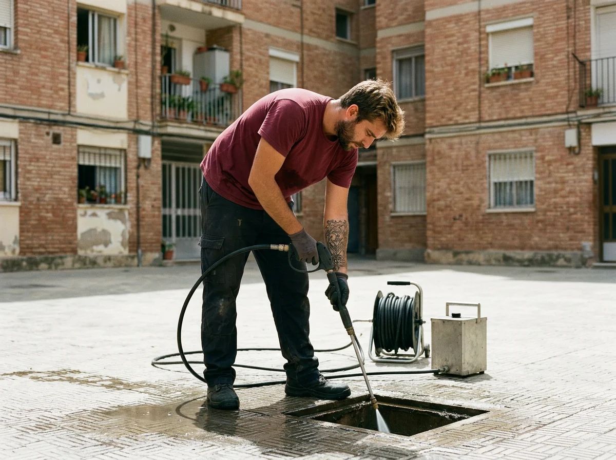 Desatascos en Benimarfull: técnico desatascando con agua a presión