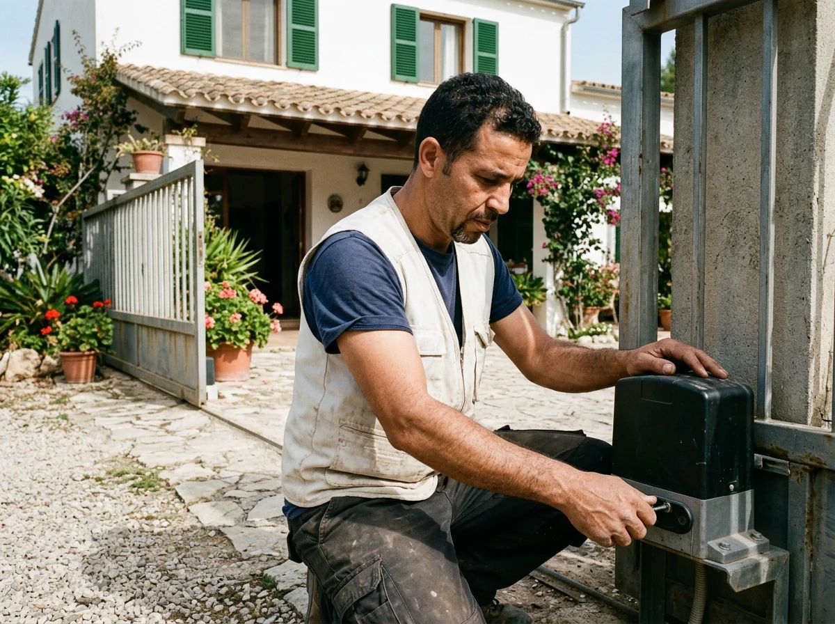 Automatismos de puertas en Parcent: técnico probando el desbloqueo manual de un motor