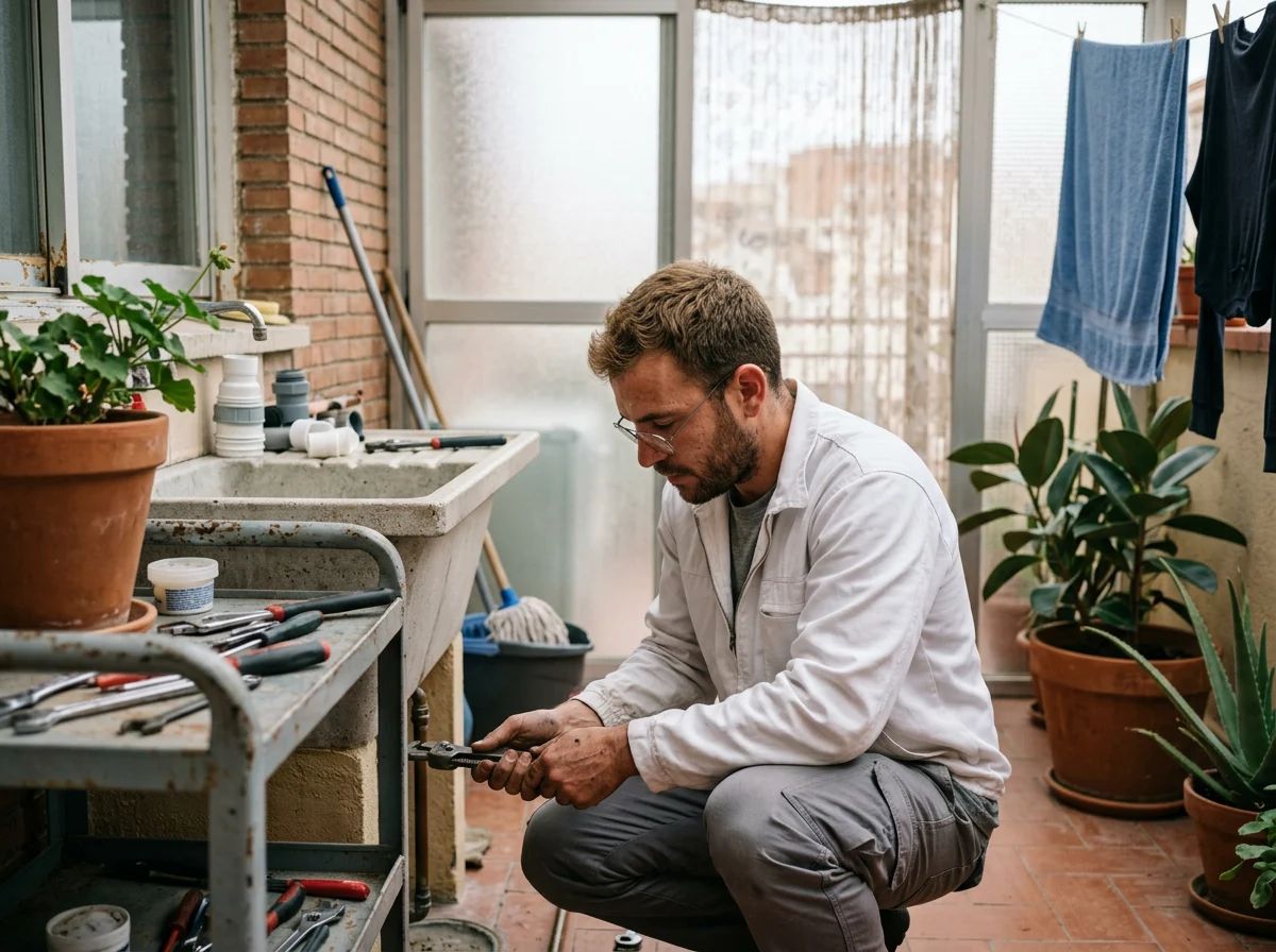 Fontaneros en L'Alqueria d'Asnar: técnico reparando la pila del patio