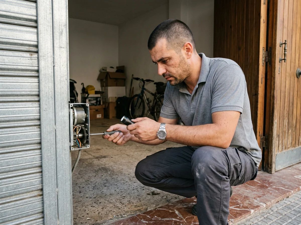 Puertas de garaje en Agost: técnico revisando el motor de una puerta enrollable