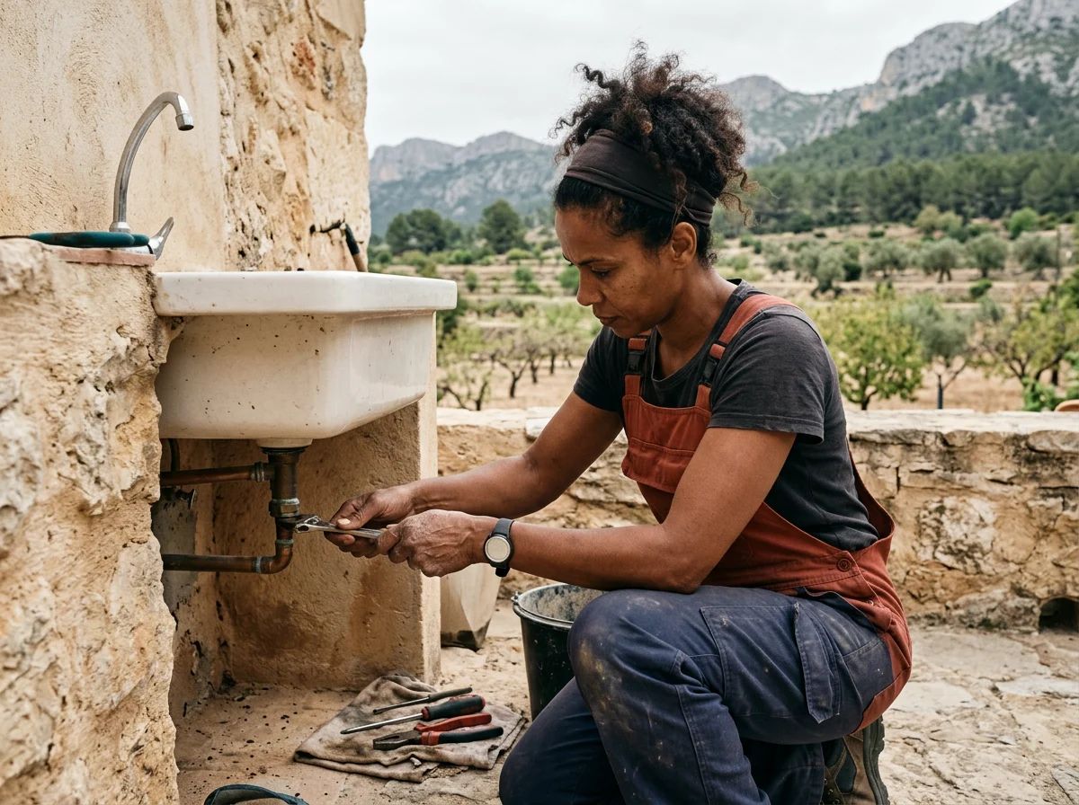 Fontaneros en Torremanzanas: técnico reparando la pila del patio