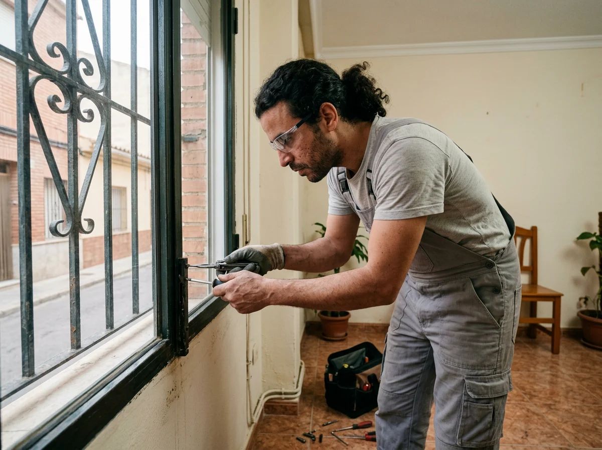Cerrajeros en Busot: técnico reparando la cerradura de una reja