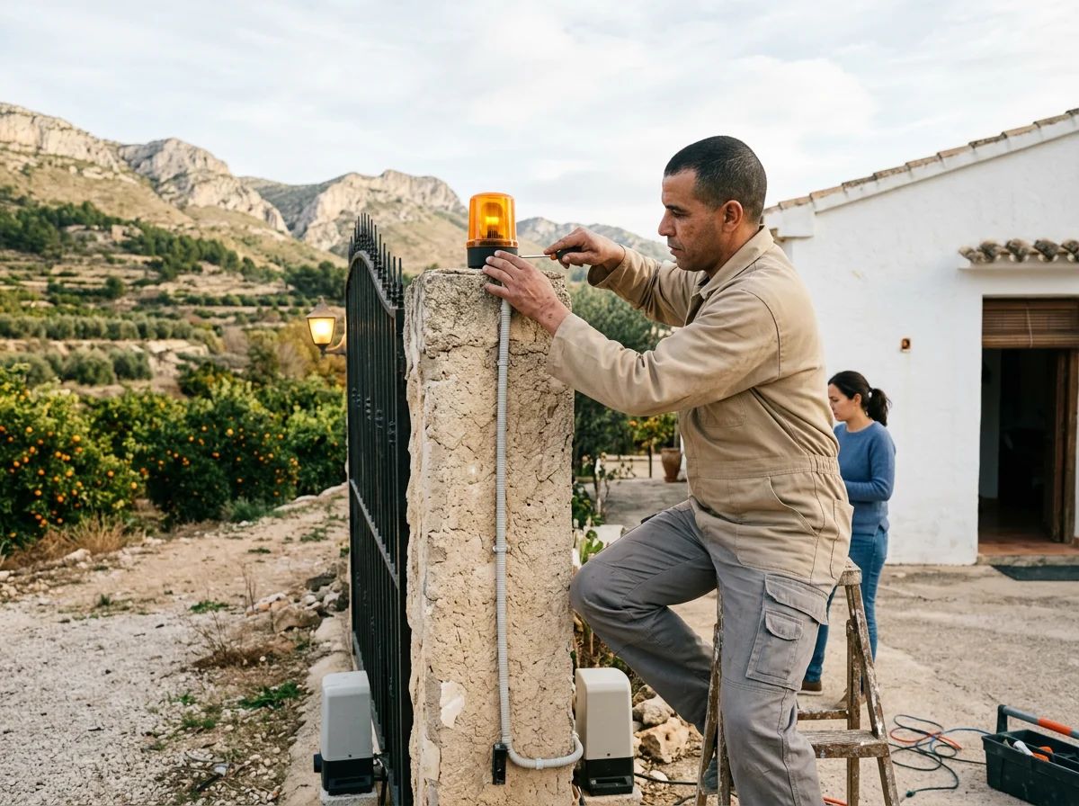 Automatismos de puertas en Alcalalí: técnico instalando la luz de aviso de una puerta automática