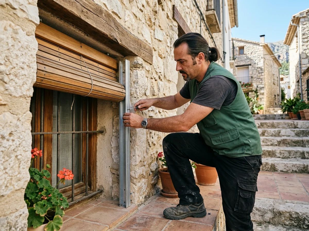 Reparación de persianas en Agres: técnico ajustando las guías de una persiana