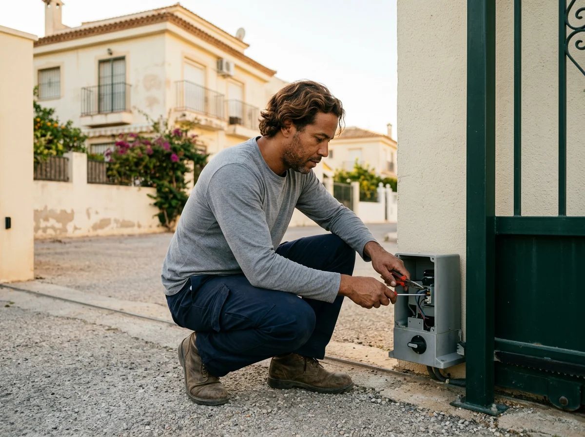 Automatismos de puertas en Mutxamel: técnico revisando la puerta automática de una comunidad