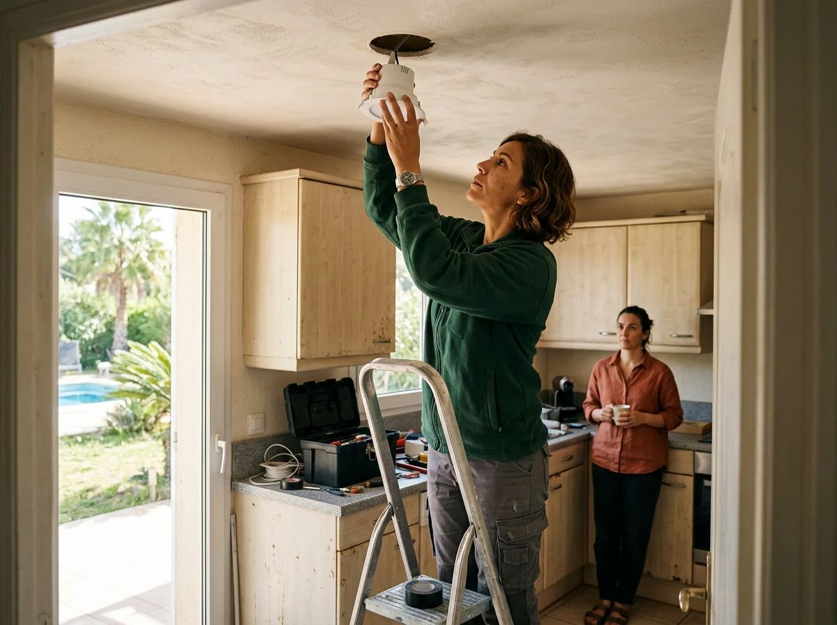 Electricistas en Torrevieja: técnico instalando focos LED en la cocina