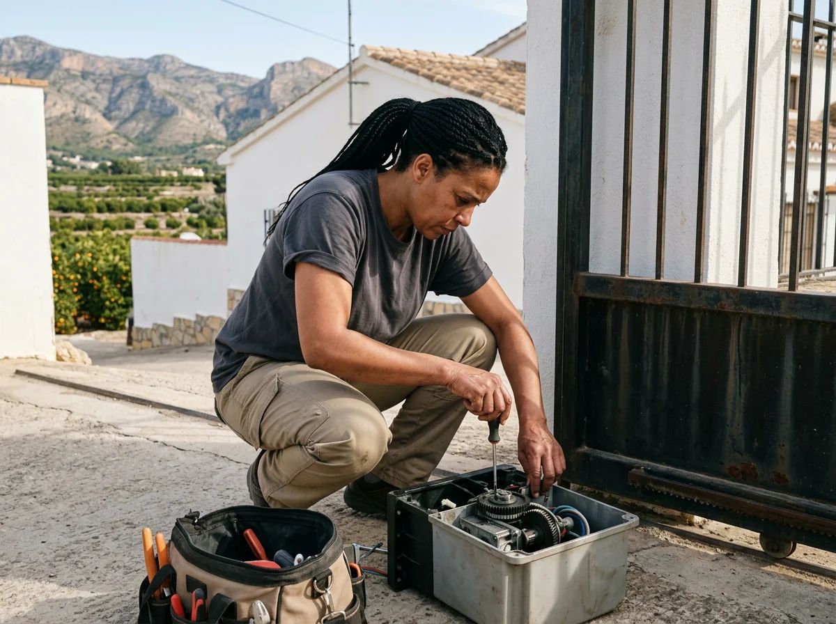 Automatismos de puertas en Benimantell: técnico revisando el motor de una puerta corredera