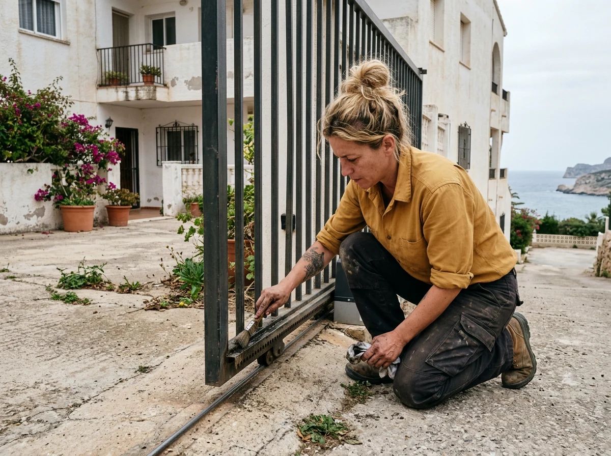 Automatismos de puertas en Dénia: técnico engrasando la cremallera de una puerta corredera