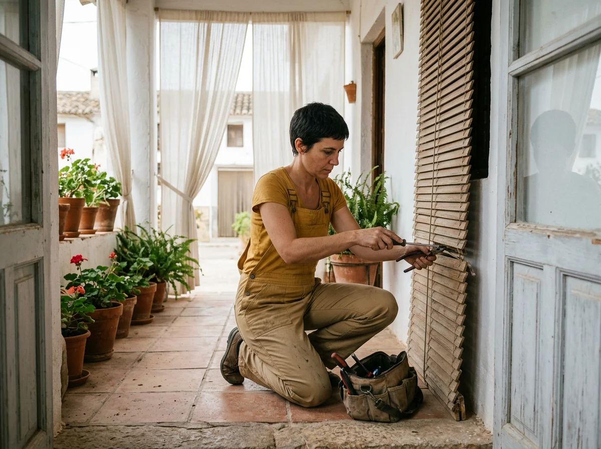Reparación de persianas en San Miguel de Salinas: técnico reparando una persiana de madera