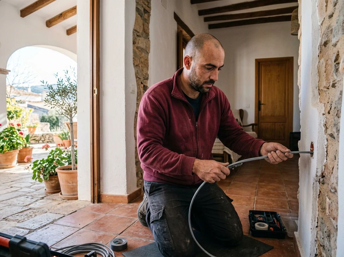 Electricistas en Polop: técnico pasando cable nuevo por el tubo