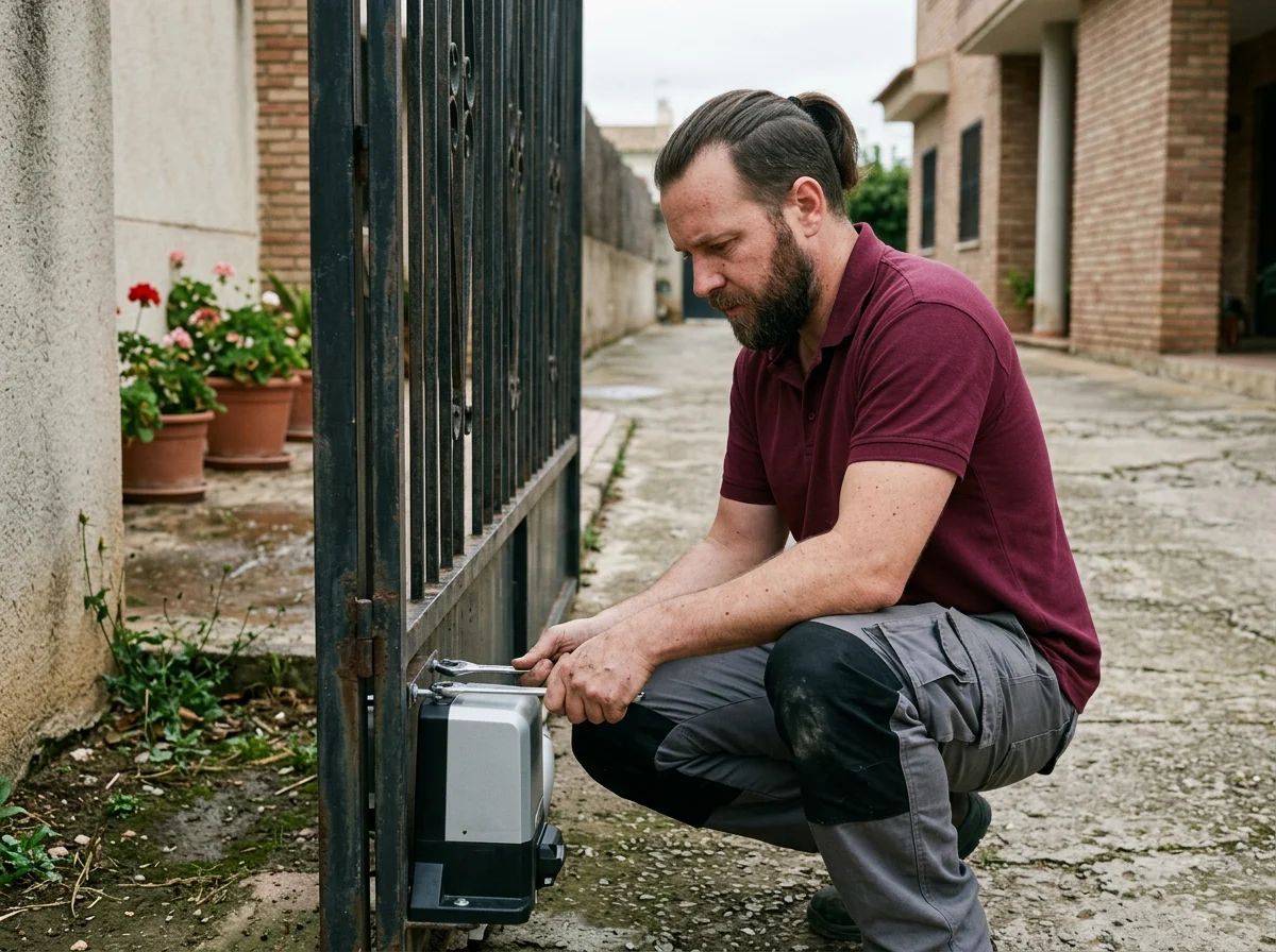 Automatismos de puertas en Alfafara: técnico instalando un motor en una cancela de campo