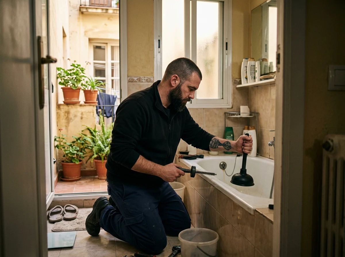 Desatascos en Elche: técnico desatascando una bañera