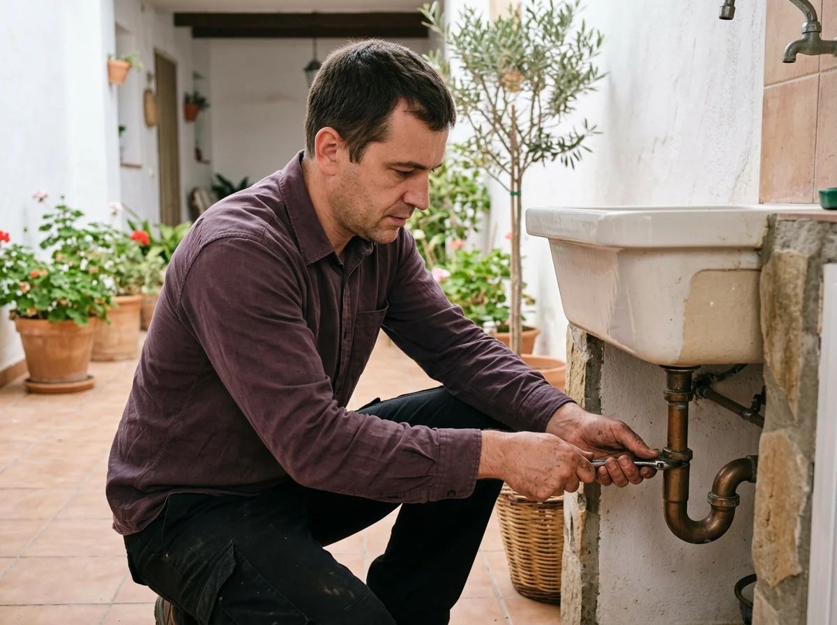 Fontaneros en Catral: técnico reparando la pila del patio