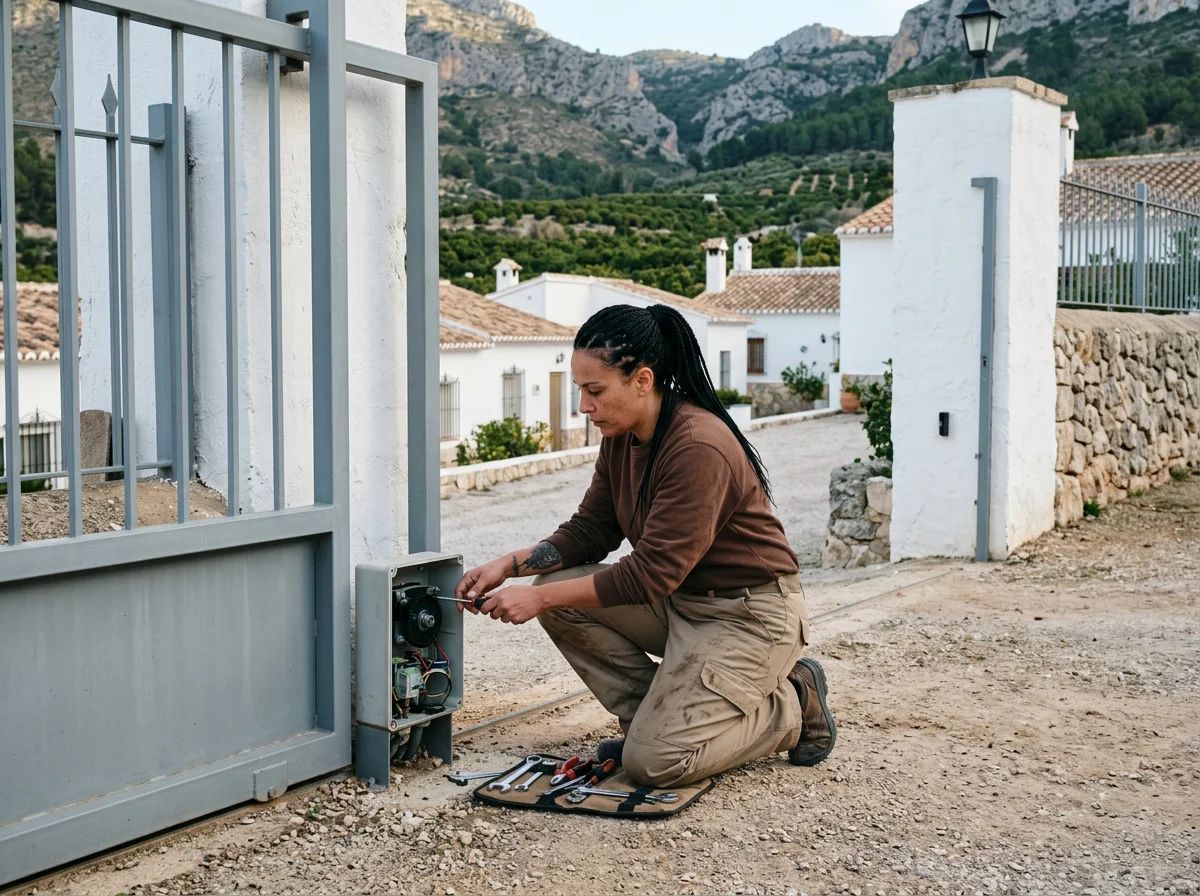 Automatismos de puertas en Tàrbena: técnico revisando la puerta automática de una comunidad