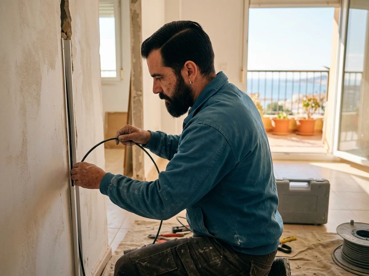 Electricistas en El Campello: técnico pasando cable nuevo por el tubo