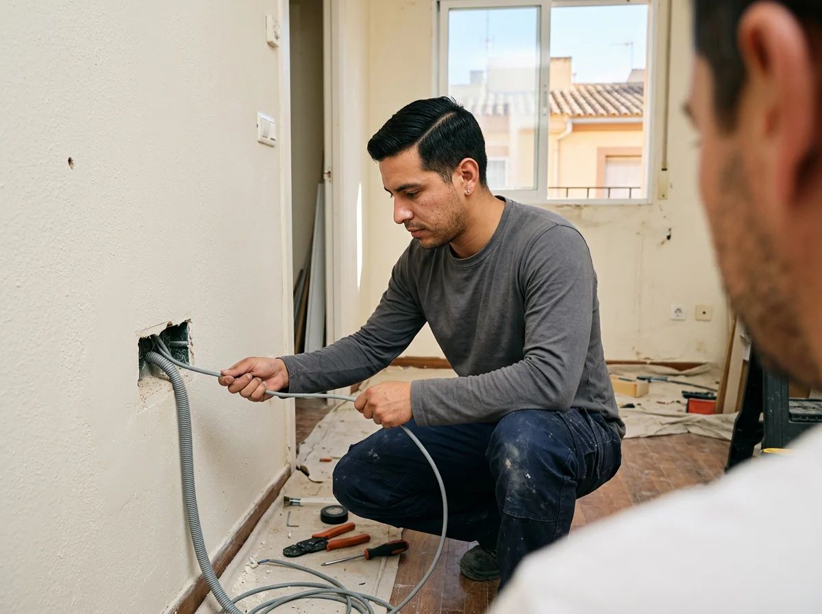 Electricistas en Sant Joan d'Alacant: técnico pasando cable nuevo por el tubo