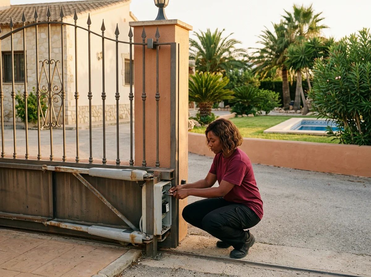 Automatismos de puertas en Teulada: técnico revisando la puerta automática de una comunidad