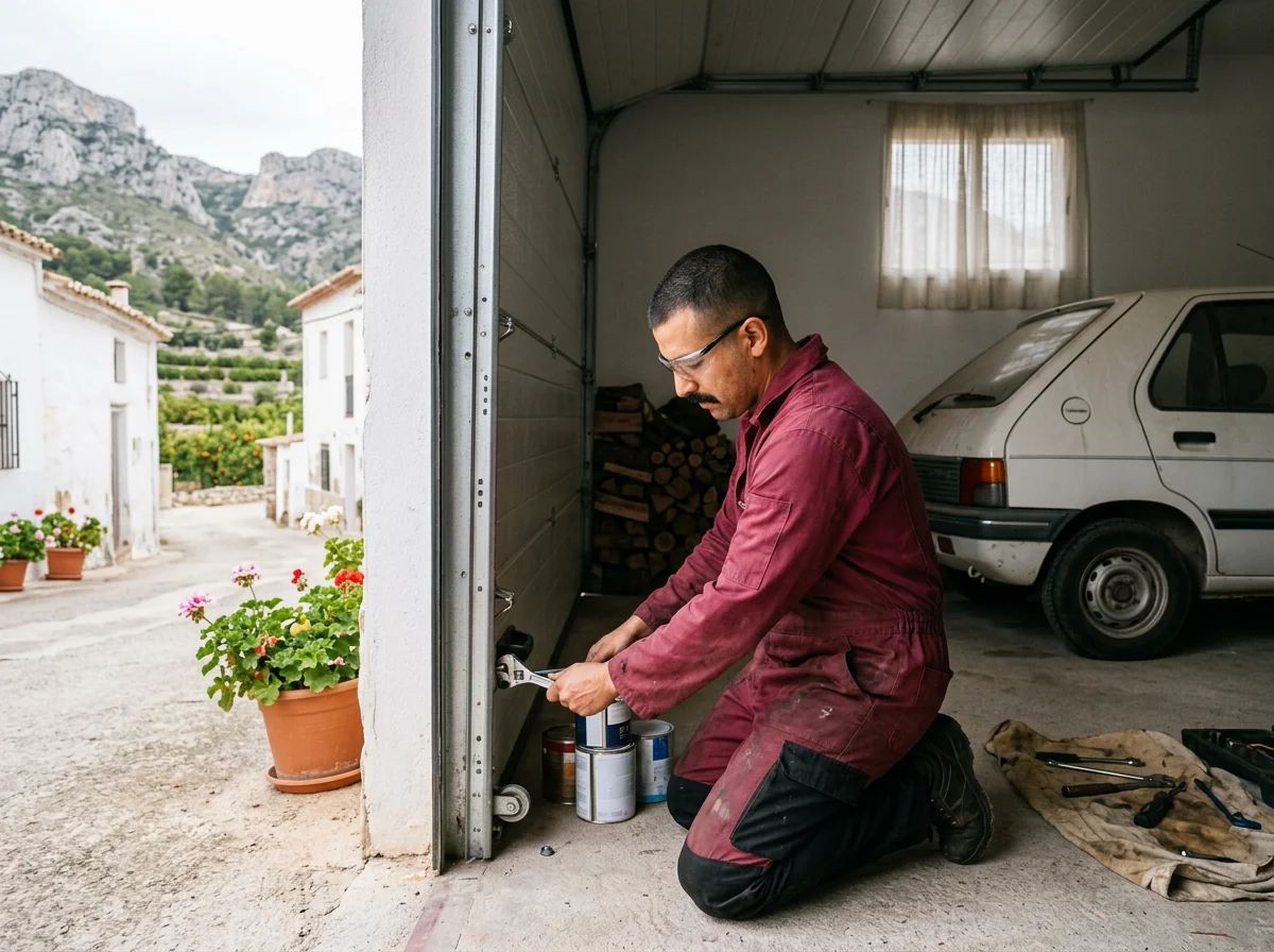 Puertas de garaje en Polop: técnico reparando las ruedas de una puerta de garaje