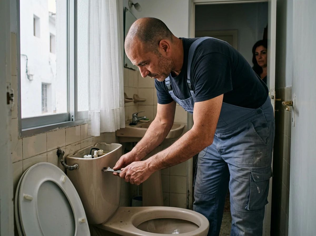 Fontaneros en Onil: técnico reparando la cisterna del inodoro