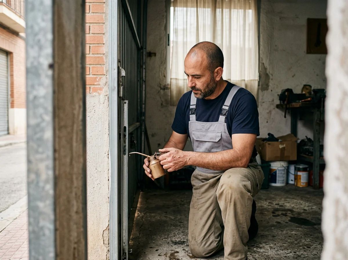 Puertas de garaje en Aigües: técnico engrasando una puerta basculante