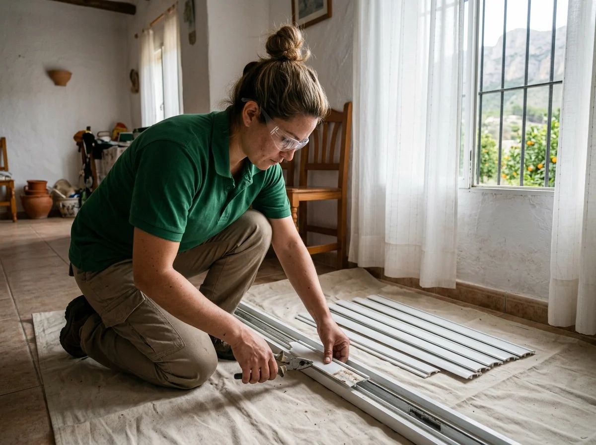 Reparación de persianas en Alcalalí: técnico sustituyendo lamas rotas de una persiana