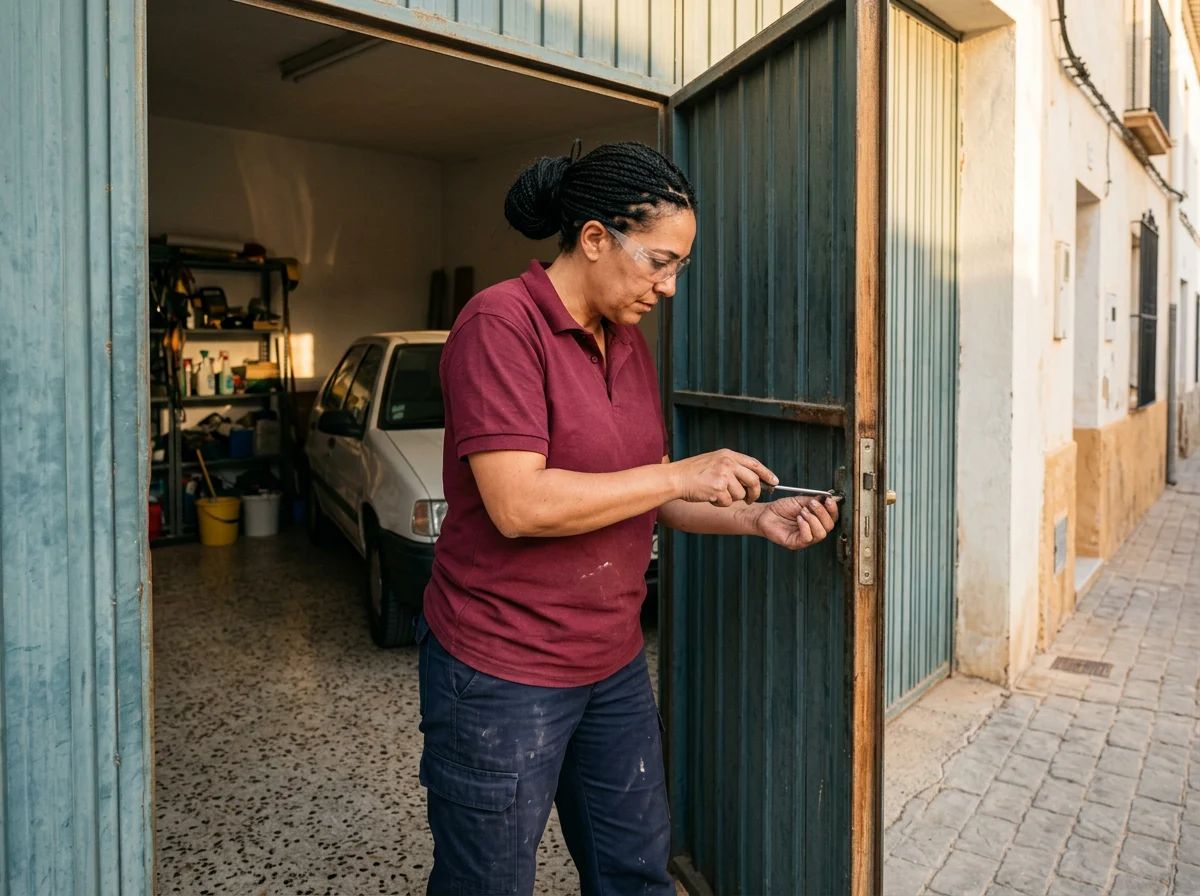 Puertas de garaje en Hondón de las Nieves: técnico reparando la puerta peatonal de un garaje