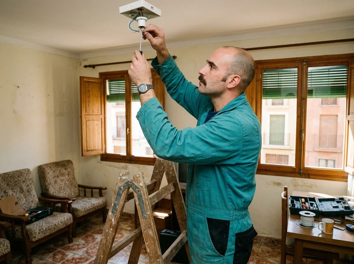 Electricistas en Tormos: técnico instalando una lámpara de techo