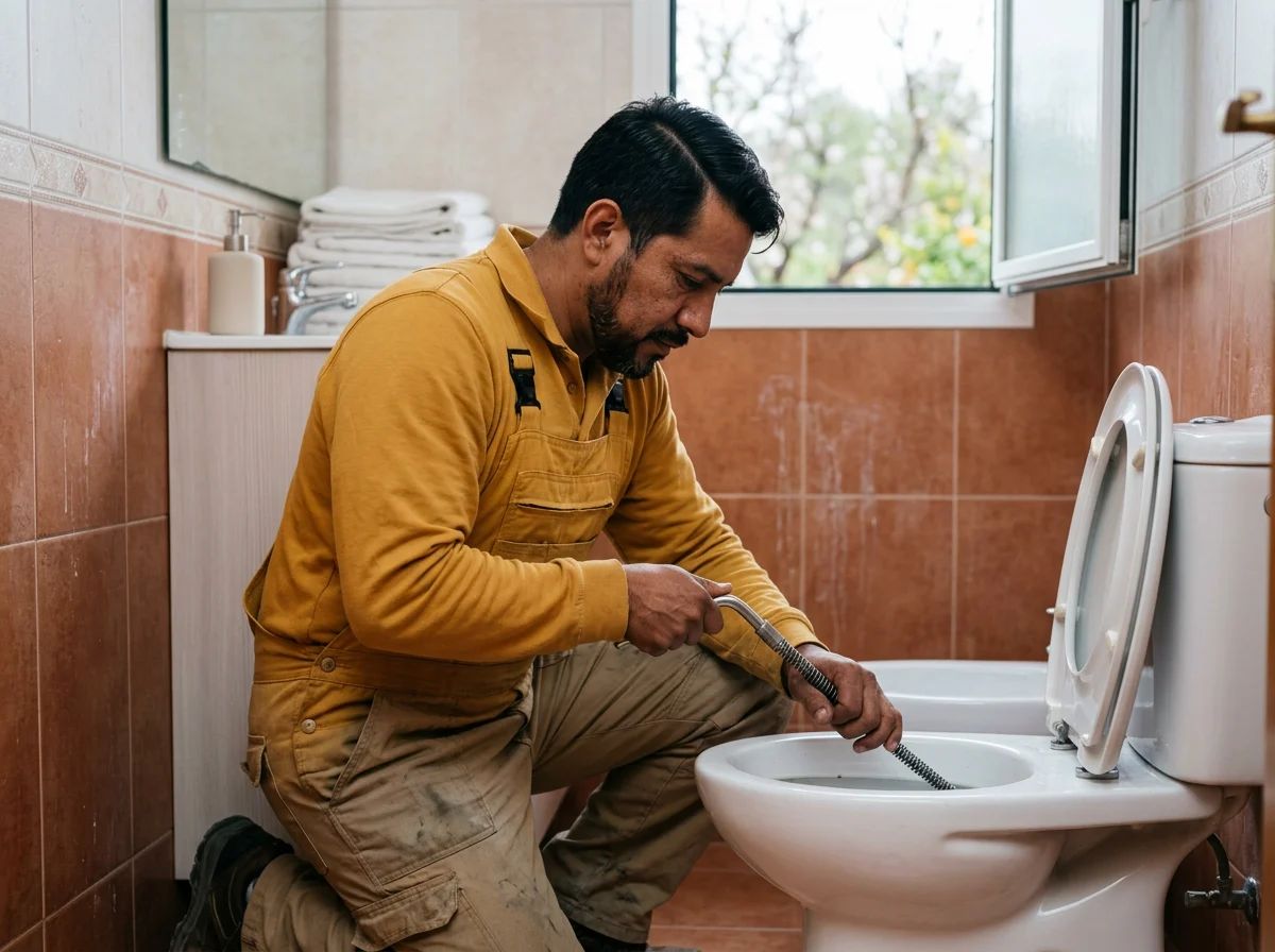 Desatascos en Benimantell: técnico desatascando un inodoro