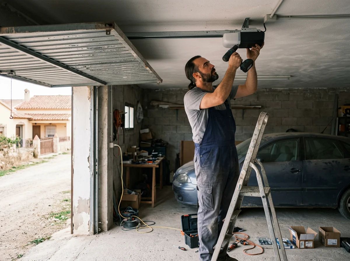 Puertas de garaje en Los Montesinos: técnico instalando un motor de techo