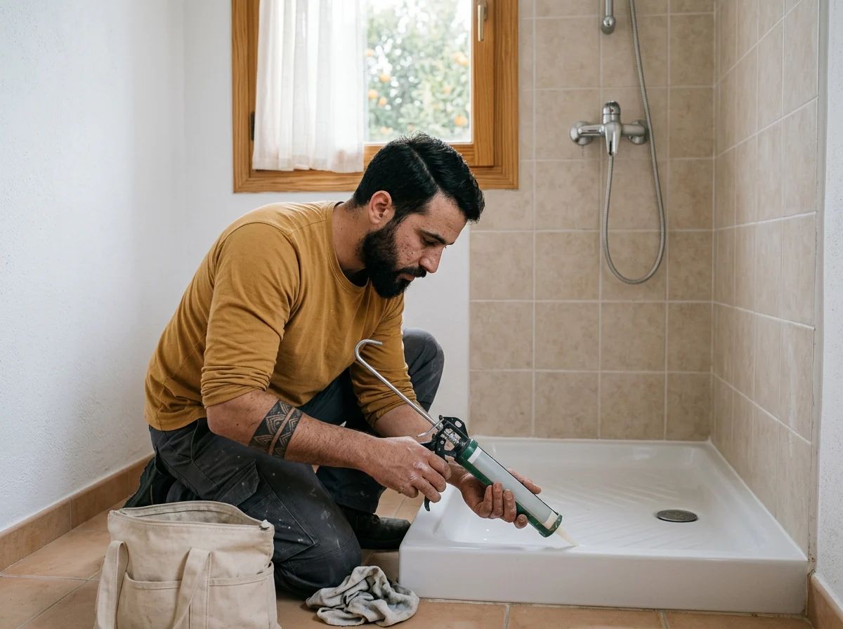 Fontaneros en Benimantell: técnico sellando un plato de ducha