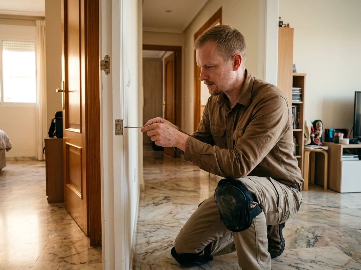 Cerrajeros en Mutxamel: técnico ajustando las bisagras de una puerta que no cierra bien