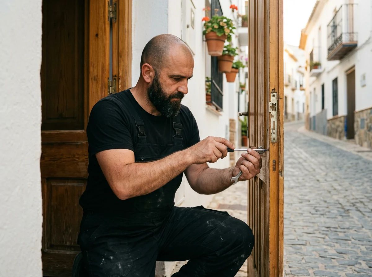 Cerrajeros en Muro de Alcoy: técnico ajustando las bisagras de una puerta que no cierra bien