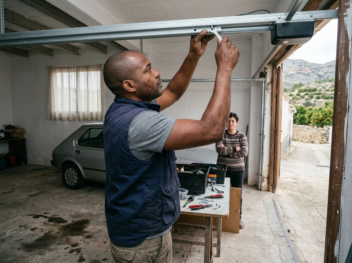 Puertas de garaje en Benimantell: técnico instalando un motor de techo