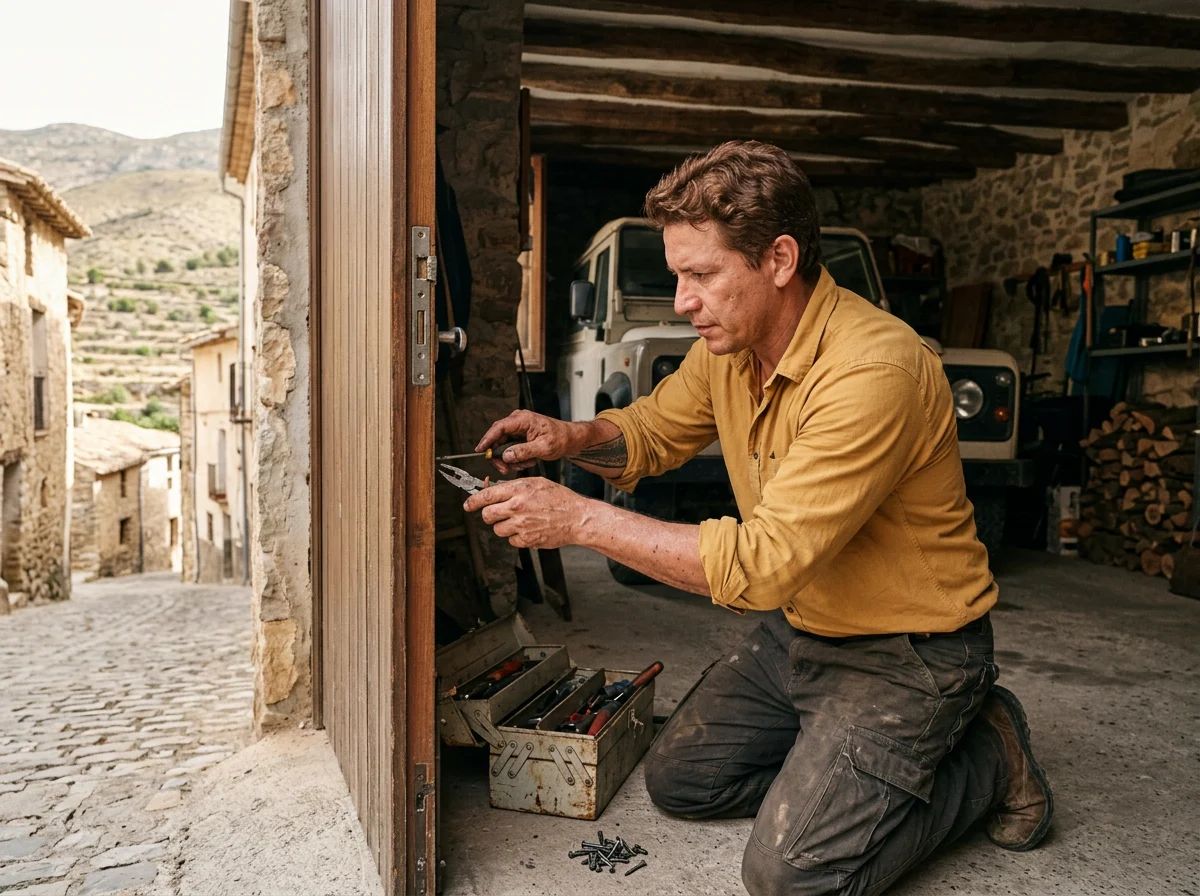 Puertas de garaje en Lorcha: técnico reparando la puerta peatonal de un garaje
