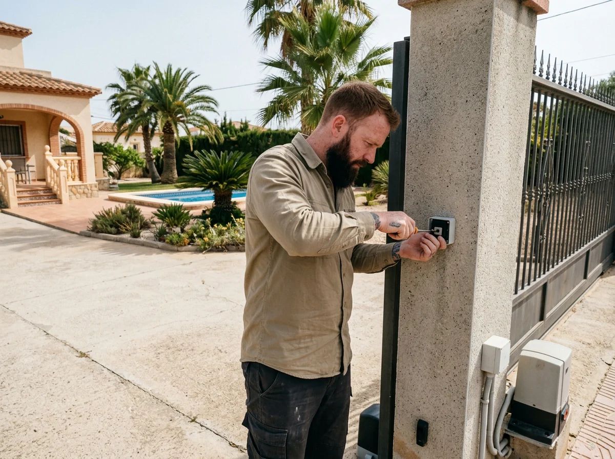 Automatismos de puertas en El Campello: técnico instalando un selector de llave