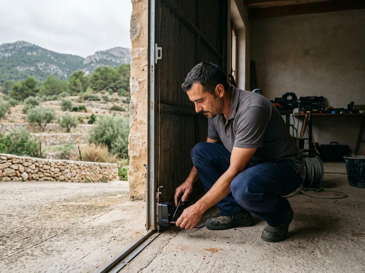 Puertas de garaje en Planes: técnico instalando fotocélulas en una puerta de garaje