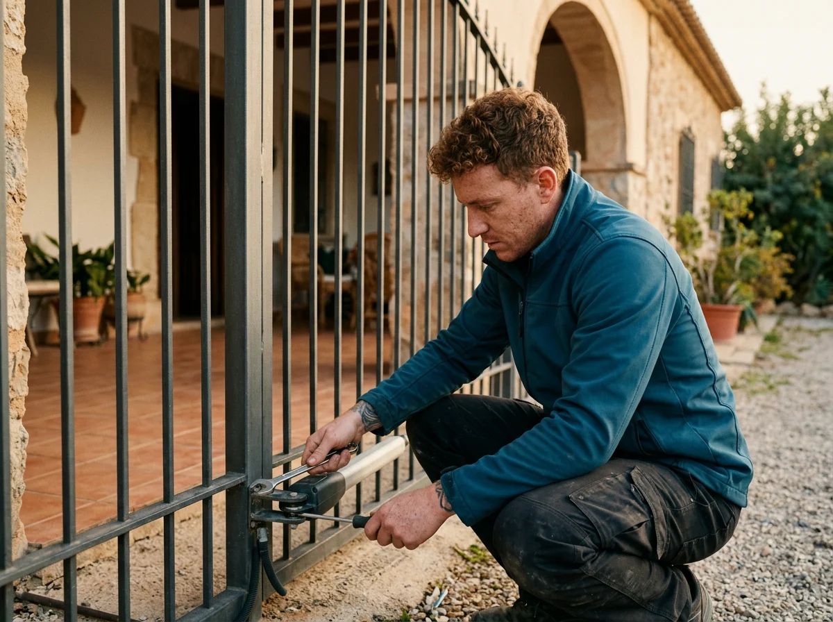 Automatismos de puertas en Sagra: técnico ajustando el motor de una cancela batiente
