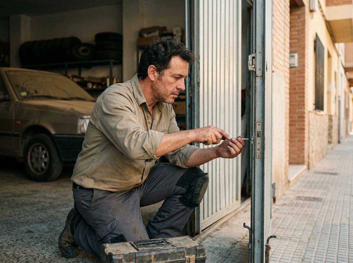 Puertas de garaje en Jijona: técnico reparando la puerta peatonal de un garaje