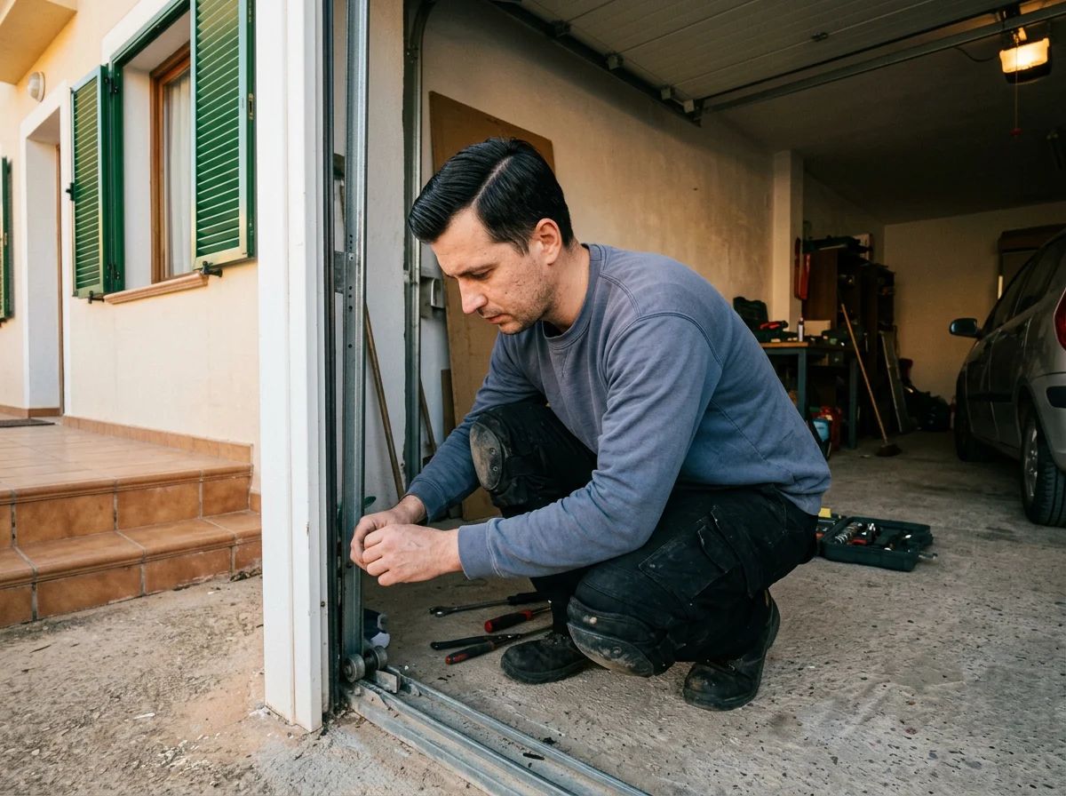 Puertas de garaje en Tormos: técnico reparando las ruedas de una puerta de garaje