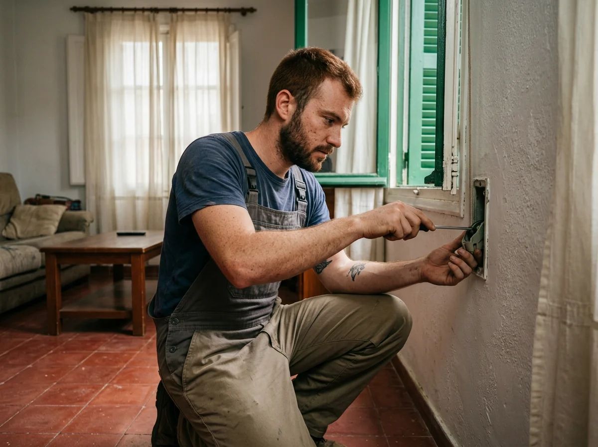 Reparación de persianas en Benigembla: técnico arreglando el recogedor de la cinta