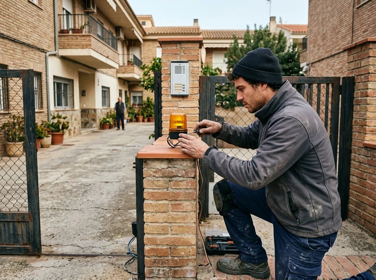 Automatismos de puertas en Benimarfull: técnico instalando la luz de aviso de una puerta automática