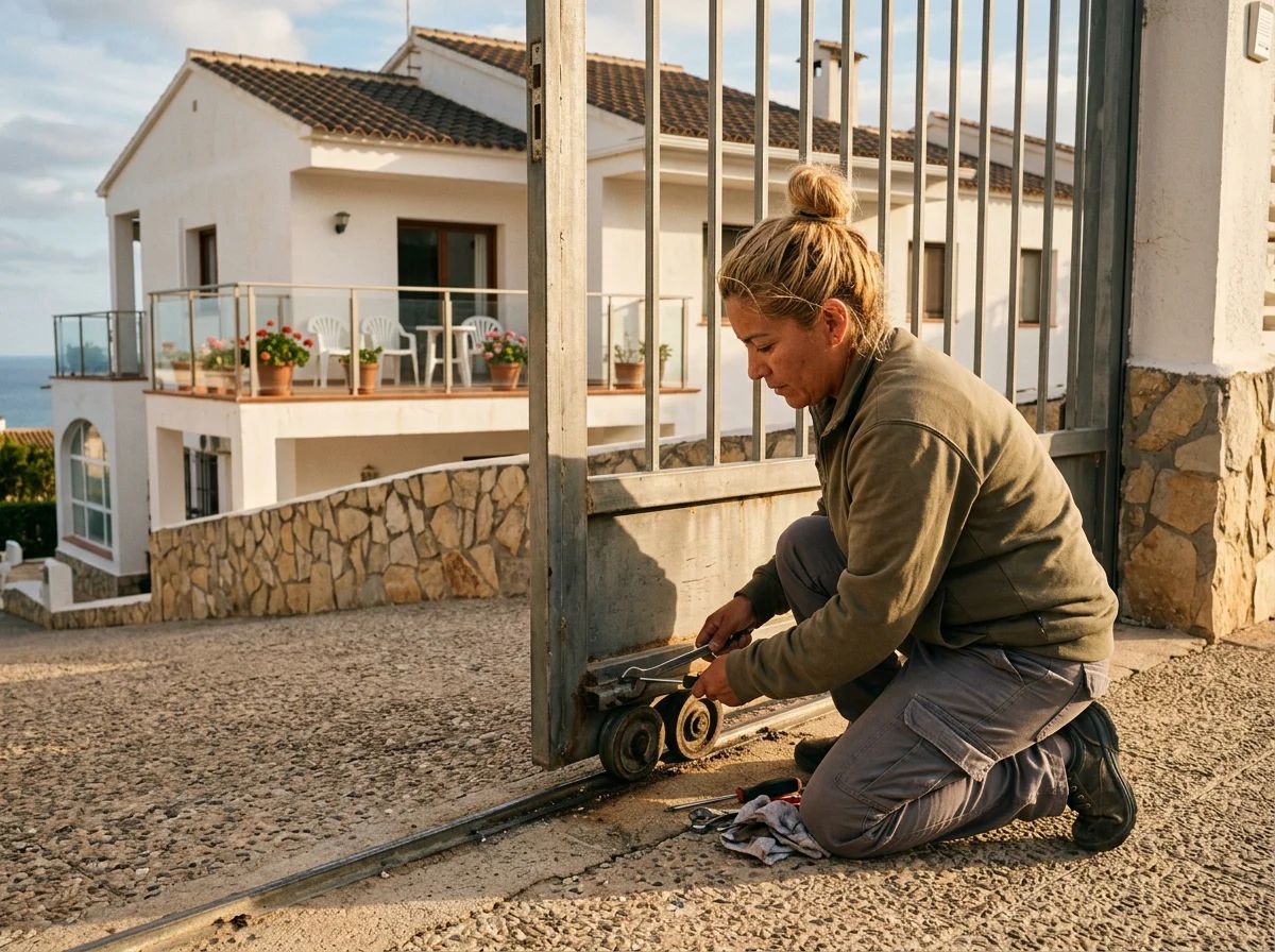 Automatismos de puertas en Guardamar del Segura: técnico reparando las ruedas de una puerta corredera