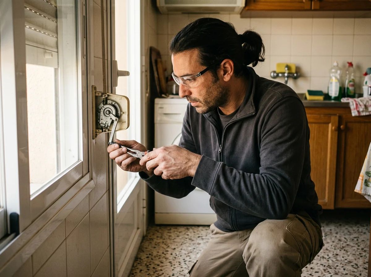 Reparación de persianas en Biar: técnico arreglando la manivela de una persiana